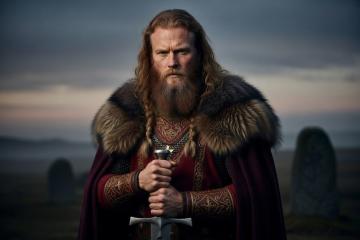King Harald Bluetooth stands powerfully in the misty twilight, gripping a large Viking sword with both hands, its point resting downward.
