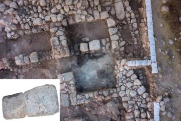 Aerial view of Room 101B after the completion of excavations with the big stones left in situ. Inset: the two surviving fragments of the standing stone, digitally rejoined