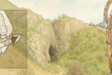 Artistic representation of Obi-Rakhmat rock shelter in Uzbekistan, micro-point hafting and main game hunted around the site 80,000 years ago