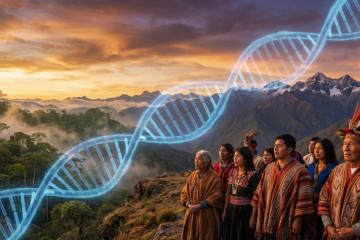 Representation of Indigenous Americans with DNA helix.