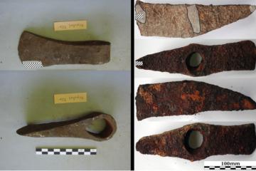 Iron Age iron axes from Kazakhstan (A) and northern Germany (B) examined through radiocarbon dating and metallographic analysis.