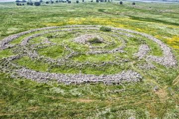 Aerial view of the ancient Rujm el-Hiri megalithic monument in the Golan Heights
