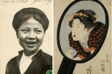 Left; A Tonkin woman with black-painted teeth, 1908. Right Woman Applying Ohaguro While Looking into a Mirror