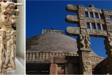 Left; An ivory statuette of Lakshmi (1st century AD), discovered in the ruins of Pompeii.  Right; Great Stupa at Sanchii.