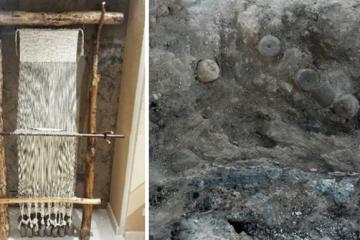 Left; Reconstruction of a Bronze Age warp-weighted loom, on display at the Alcoy Archaeological Museum. Right; the Bronze Age loom remains in situ at the find site