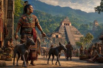 Representation of Maya city in Mexico, with Maya dog trader and dogs.