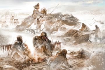 : Artist's reconstruction of Clovis life 13,000 years ago showing megafauna butchery and tool crafting.