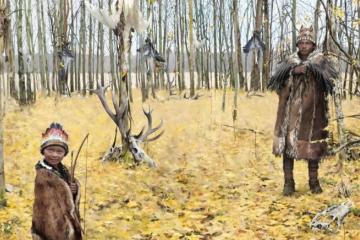 Artist’s impression of the Skateholm burial island. In the foreground is a boy whose grave contained a deer hair and possibly a fragment of a woodpecker feather. 