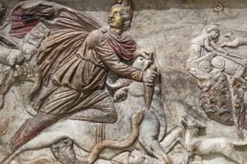 Relief showing Mithras slaying the bull from the Mithraeum found under S. Stefano Rotondo, Rome, late 3rd century AD.