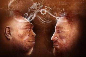 Image representing Neanderthal and Homo sapiens males sharing thoughts.