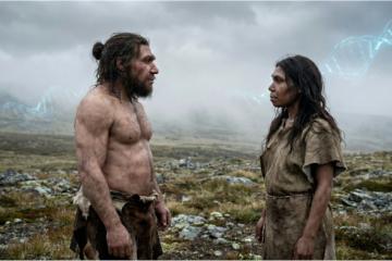 A Neanderthal man meeting a homo sapiens woman. 