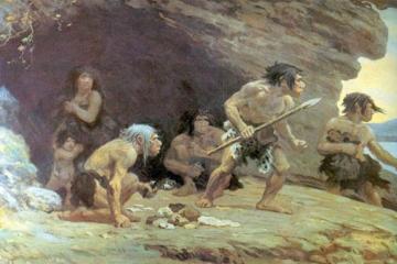 Portrayal of Neanderthal Flintworkers, Le Moustier Cavern, Dordogne