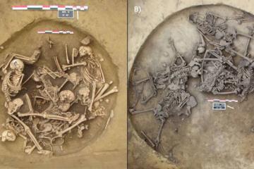 Overhead views of pits 157 (Bergheim) and 124 (Achenheim), Alsace, France, showing “violence-related human mass deposits.” 