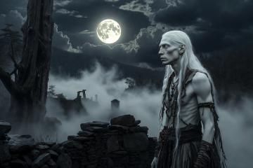 A hauntingly beautiful AI-generated image in landscape format: Under a luminous full moon, a pale-skinned albino Native American with long white hair stands guard among ancient stone ruins in the misty Appalachian Mountains.