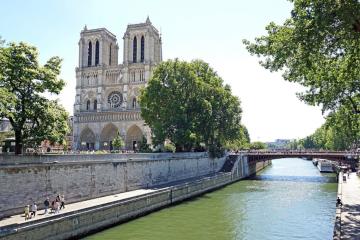 Landscape view of Notre Dame Cathedral in Paris from the River Seine.