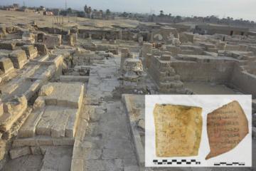 Athribis temple in Sohag, Egypt, with inset; Ostraca discovered there.