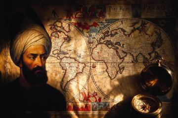An illustration of a man in a turban, representing Piri Reis, standing before an ancient world map with a brass compass in the foreground.