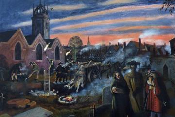 A dramatic scene from the Great Plague of 1665, showing death carts collecting bodies in London streets while fires burn to ward off contagion.