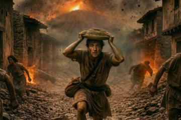 Digital reconstruction of a man moving along a rough path, raising a mortar above his head while debris falls around him.