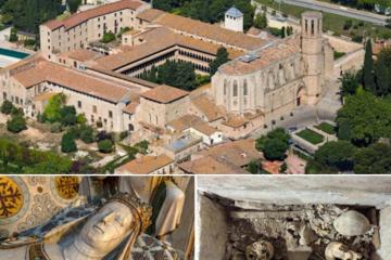 The grand cloister of the Royal Monastery of Santa Maria de Pedralbes in Barcelona, Spain. With Sarcophagus of Queen Elisenda and Tomb of Francesca Saportella below.