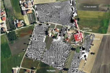 Orthophoto and magnetic survey map showing the newly identified forum and theater structures at Fioccaglia.