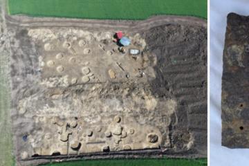 Left; Aerial view of the excavation site along the planned Moravian Gate high-speed railway route, Right; The 2,000-year-old Roman calibration plate.