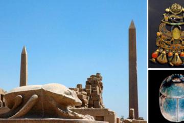 Colossal scarab beetle sculpture at Karnak; Winged scarab of Tutankhamun ;  Steatite lion hunt scarab of Amenhotep III 