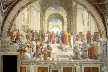 School of Athens, Aristotle depicted in the center of the painting, to the right of Plato