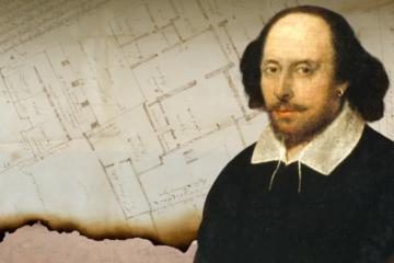 The Chandos portrait of William Shakespeare (attributed to John Taylor, c.1611), overlaid on the 1668 Blackfriars precinct plan