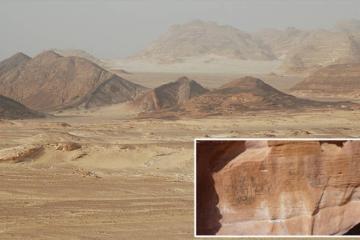 Sinai desert landscape, Egypt. Inset; the inscription found at Wadi Khamila, Sinai.