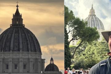 Left; Sunset behind the mighty dome of St. Peter’s Basilica, Vatican City. Right; The author with the dome of St. Peter’s taken from the Vatican Gardens. 