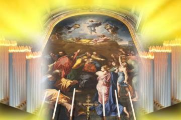 Altar of the Transfiguration of Jesus in Saint Peter’s Basilica, with artistic surrounding of candles added.