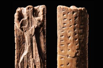 The mammoth figurine from Vogelherd Cave, approximately 40,000 years old, bearing multiple sequences of crosses and dots.