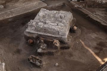 The Toltec altar and human remains discovered in Tula, Mexico.