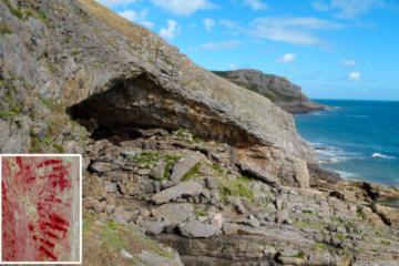 A general view of Bacon Hole cave on the Gower Peninsula, Wales, overlooking the Bristol Channel, with Insert, images of the newly denoted cave art