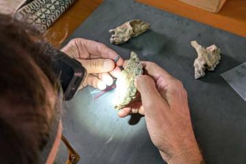 Researcher examining Ledi-Geraru fossils under a headlamp