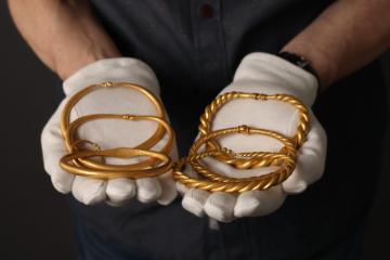 The six gold rings that make up the Rold Viking hoard found in Denmark