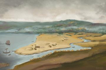 Illustration of how the burial mound and the surrounding farms may have looked in the 10th century. 