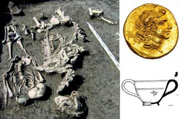 The warrior remains in situ at the Maeotian necropolis of Vinogradny, Russia. Inset, coin and jug with pentagram
