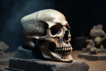 A dramatic, atmospheric close-up of a single elongated Paracas child skull resting on a museum display block. AI-generated image created to illustrate the mysterious and striking appearance of the Paracas elongated skulls.