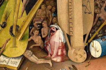 Detail of a Bosch painting showing a man lying under a giant lute with musical notes painted on his buttocks, an open music book and a crowd of naked figures behind