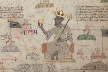 Medieval map detail of a crowned ruler seated on a throne holding a gold disc