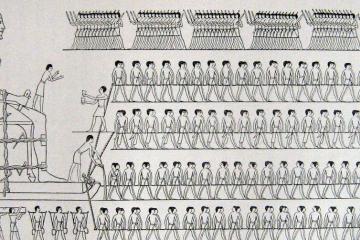 Nineteenth-century drawing of long teams of men hauling a colossal seated statue on a sledge, from the tomb of Djehutihotep at el-Bersheh