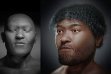 Two digital faces of Nazlet Khater 2: a gray bust with closed eyes and a color version with short dark hair and a beard