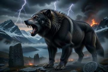 Fenrir, the monstrous wolf of Norse mythology, stands powerfully on a rocky cliff overlooking a misty fjord. With bared fangs and glowing eyes, he lets out a furious roar beneath a stormy sky filled with lightning and volcanic fire in the distance.