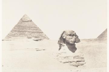 The Great Sphinx of Giza, buried to its shoulders in sand, with Khafre's pyramid behind it, in an 1851–52 photograph by Félix Teynard