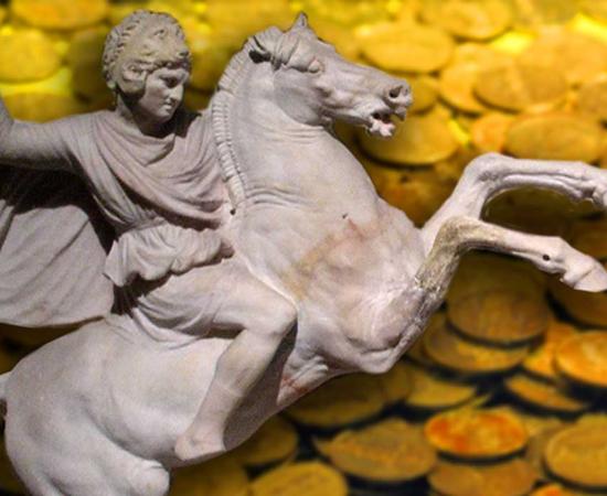Detail of the Alexander Sarcophagus located in the Istanbul Archaeology Museum. Gold coins 