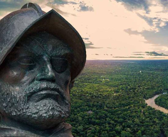Bust of Fransisco de Orellana (Ricardo Algár/Adobe Stock) Amazon rainforest (William Perez/Adobe Stock)