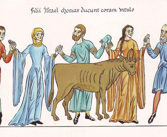 The Adoration of the Golden Calf – Picture from the Hortus deliciarum of Herrad of Landsberg (12th century) (Public Domain)
