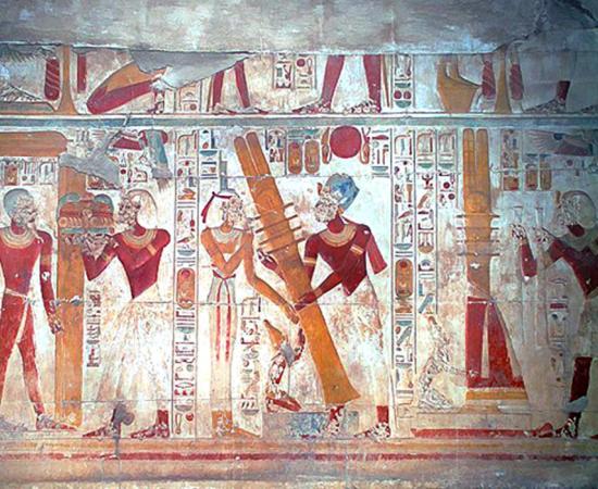 A scene on the west wall of the Osiris Hall at Abydos shows the raising of the Djed pillar. 